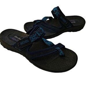 Skechers Womens Black Blue Teal Strap Slide Sandals SZ 8 Outdoor Lifestyle